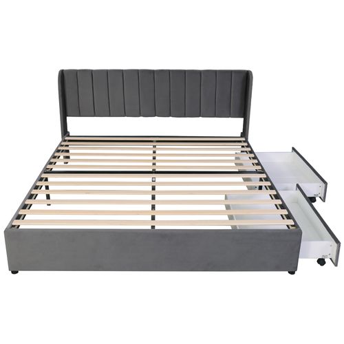 Lit 180x200 Cm En Velours Avec Têtes De Lit Réglable, 2 Tiroirs, Sommier à Lattes, Gris