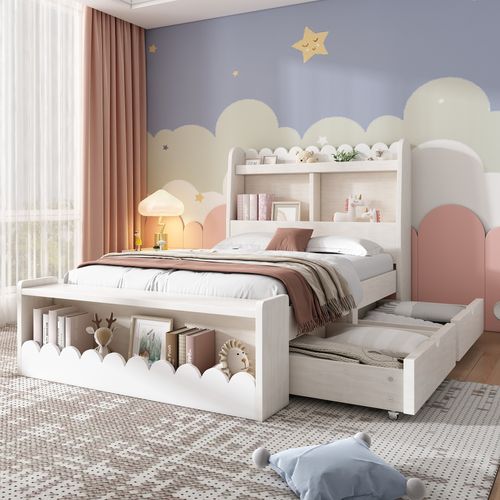 Lit Enfant 90x200 Avec Bureau Intégré Et Tiroirs – Cadre En Bois Massif Blanc – Sans Matelas