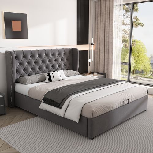Lit Coffre 140x200 Cm En Velours Avec Rangement Hydraulique, Sommier à Lattes, Gris