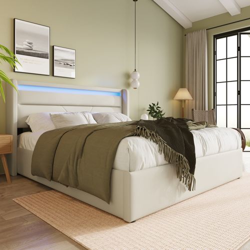 Lit Coffre 160x200 Cm Avec Rangement Hydraulique Et LED - Design Moderne Blanc