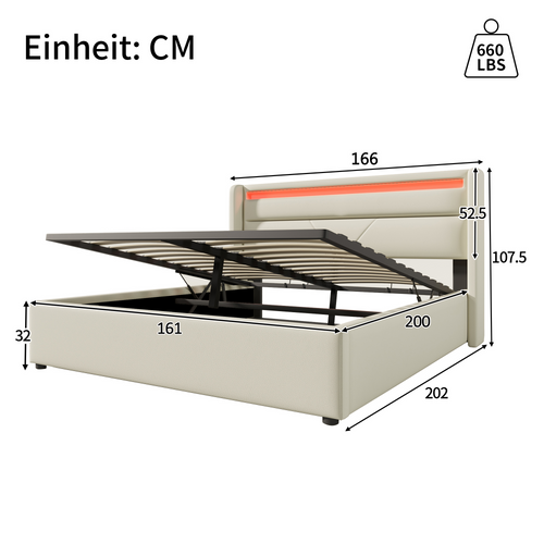Lit Coffre 160x200 Cm Avec Rangement Hydraulique Et LED - Design Moderne Blanc