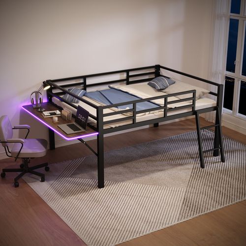 Lit Enfant Mezzanine 140x200 Cm En Métal Noir Avec Bureau Réglable, Garde-corps Et LED Pilotée