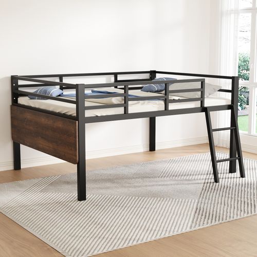Lit Enfant Mezzanine 140x200 Cm En Métal Noir Avec Bureau Réglable, Garde-corps Et LED Pilotée