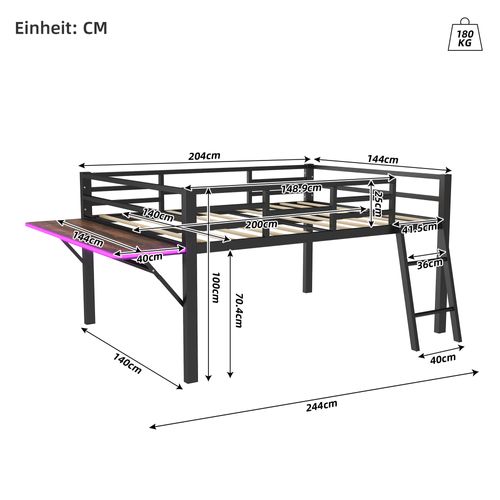 Lit Enfant Mezzanine 140x200 Cm En Métal Noir Avec Bureau Réglable, Garde-corps Et LED Pilotée