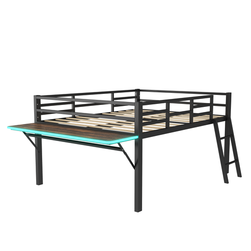 Lit Enfant Mezzanine 140x200 Cm En Métal Noir Avec Bureau Réglable, Garde-corps Et LED Pilotée