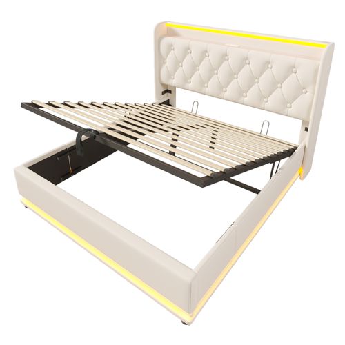 Lit Coffre 160x200 Cm En Pu Blanc Avec LED 360°, USB-c Et Rangement Hydraulique
