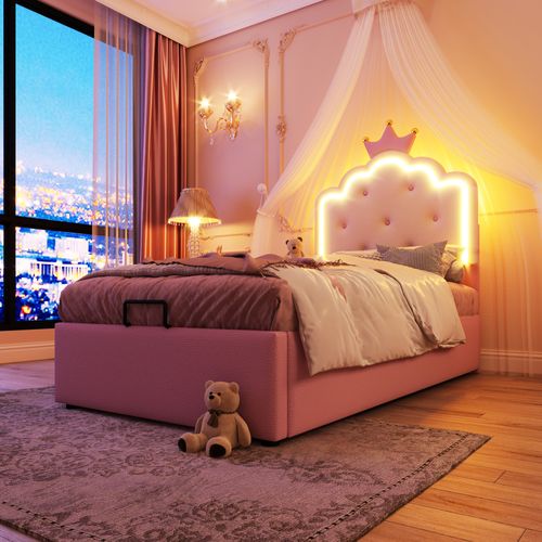 Lit Coffre Princesse 90x200 Cm En Pu Avec Rangement, Lumières LED Et Design Couronne, Rose