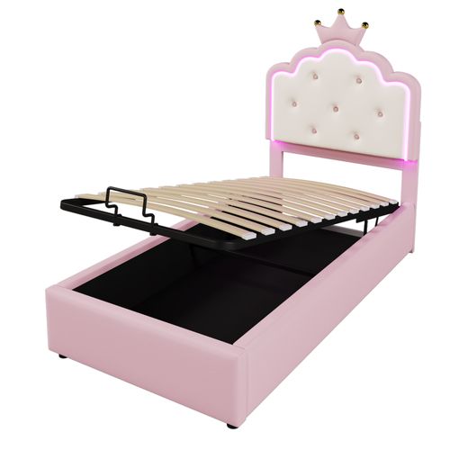 Lit Coffre Princesse 90x200 Cm En Pu Avec Rangement, Lumières LED Et Design Couronne, Rose