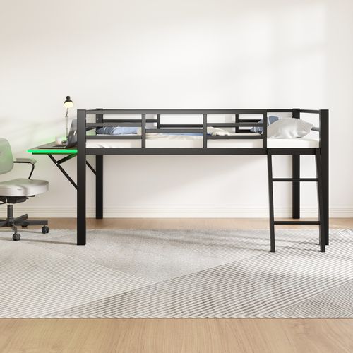 Lit Mezzanine Enfant 90x200 Cm En Métal Noir Avec Bureau Réglable, Garde-corps Et LED