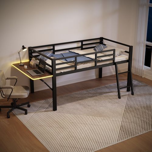 Lit Mezzanine Enfant 90x200 Cm En Métal Noir Avec Bureau Réglable, Garde-corps Et LED