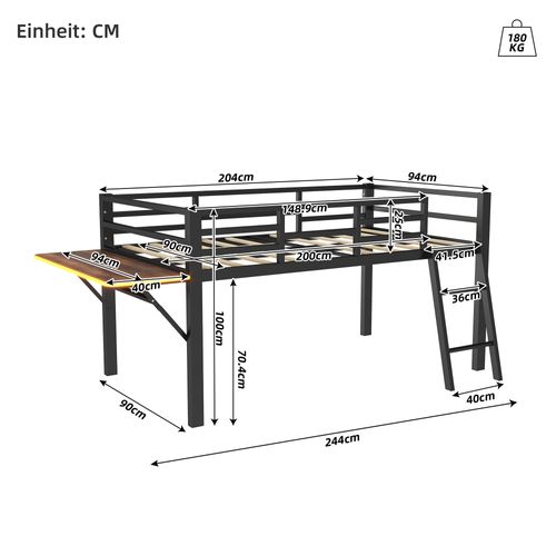 Lit Mezzanine Enfant 90x200 Cm En Métal Noir Avec Bureau Réglable, Garde-corps Et LED