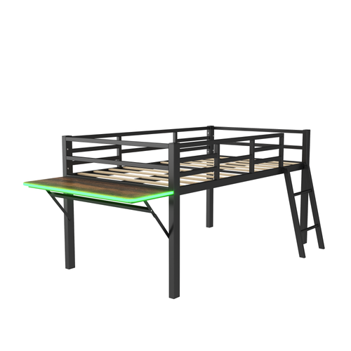 Lit Mezzanine Enfant 90x200 Cm En Métal Noir Avec Bureau Réglable, Garde-corps Et LED
