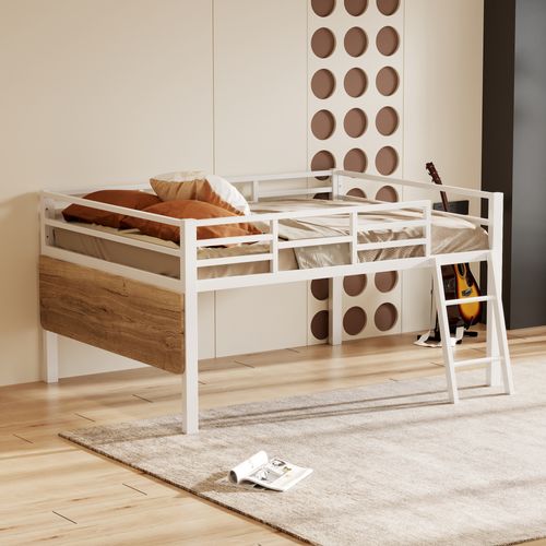 Lit Mezzanine Enfant 140x200 Cm En Métal Blanc Avec Bureau Réglable, Garde-corps Et LED