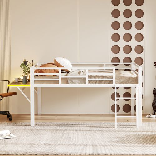 Lit Mezzanine Enfant 140x200 Cm En Métal Blanc Avec Bureau Réglable, Garde-corps Et LED