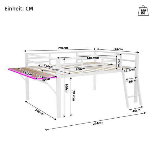 Lit Mezzanine Enfant 140x200 Cm En Métal Blanc Avec Bureau Réglable, Garde-corps Et LED