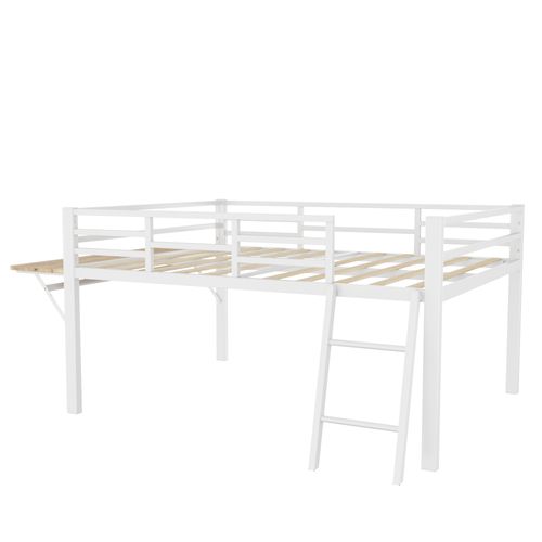 Lit Mezzanine Enfant 140x200 Cm En Métal Blanc Avec Bureau Réglable, Garde-corps Et LED