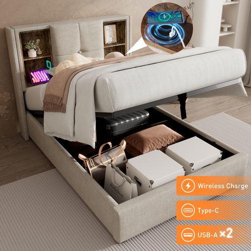 Lit Coffre 90x200 Cm Avec Charge Sans Fil USB-c Et Rangement, Naturel