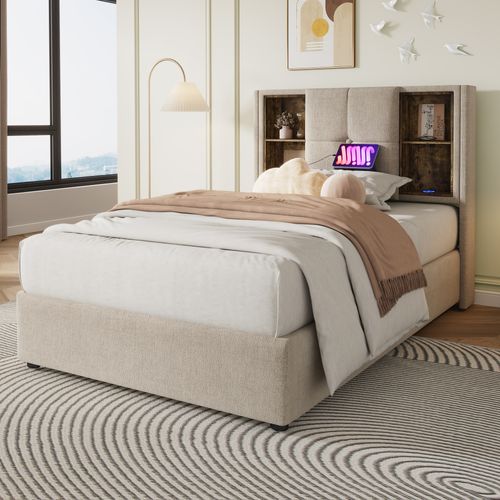 Lit Coffre 90x200 Cm Avec Charge Sans Fil USB-c Et Rangement, Naturel