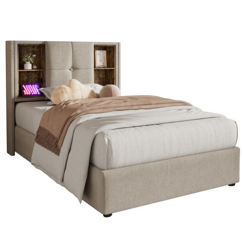 Lit Coffre 90x200 Cm Avec Charge Sans Fil USB-c Et Rangement, Naturel