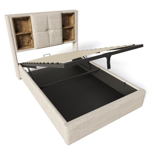 Lit Coffre 90x200 Cm Avec Charge Sans Fil USB-c Et Rangement, Naturel