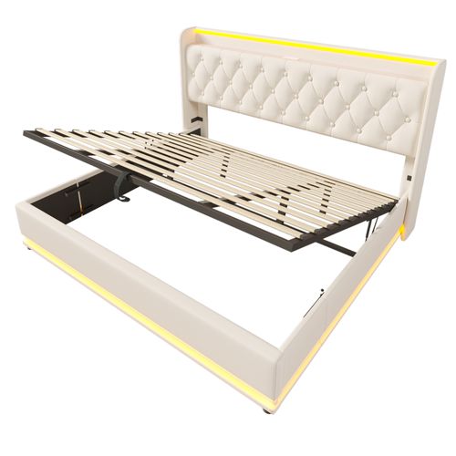 Lit Coffre 180x200 Cm Blanc Pu Avec Rangement Hydraulique, USB-c Et LED 360°