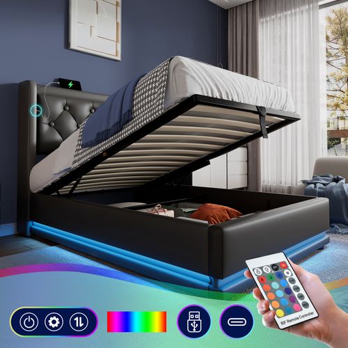 Lit Coffre 90x200 Cm Noir Pu Avec Rangement Hydraulique, USB-c Et LED 360°