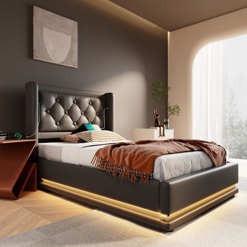 Lit Coffre 90x200 Cm Noir Pu Avec Rangement Hydraulique, USB-c Et LED 360°