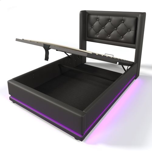 Lit Coffre 90x200 Cm Noir Pu Avec Rangement Hydraulique, USB-c Et LED 360°