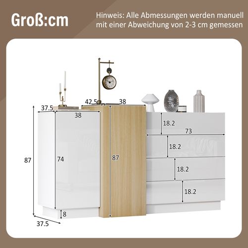 Buffet blanc brillant Avec 4 Tiroirs Et 2 Portes, 150x37.5x87cm