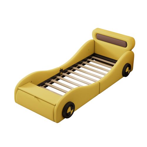 Lit Enfant 90x200cm,  En Forme De Voiture, Rangement, Pu, Jaune