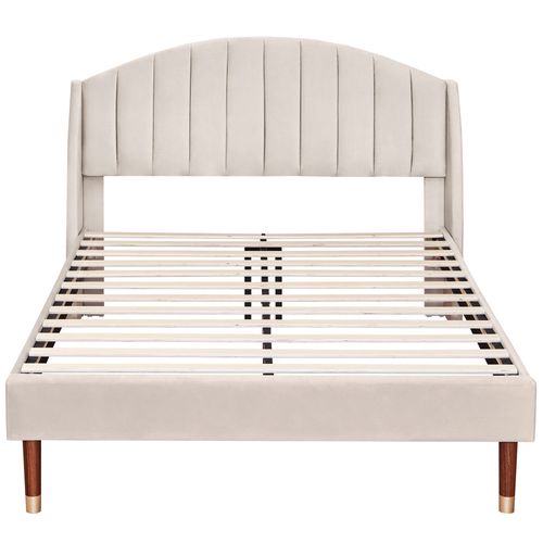 Lit Adulte 140x190 Cm Rembourré En Velours Beige Avec Sommier à Lattes Et Tête De Lit