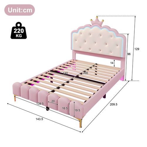 Lit Enfant Princesse 140x200 Cm En Pu Rose Avec Latte, Lumière Ambiance Et Télécommande