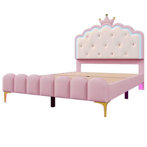 Lit Enfant Princesse 140x200 Cm En Pu Rose Avec Latte, Lumière Ambiance Et Télécommande