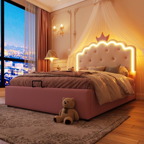 Lit Coffre 140x200 Cm Princesse Avec Rangement Hydraulique, Éclairage LED Télécommandé - Rose