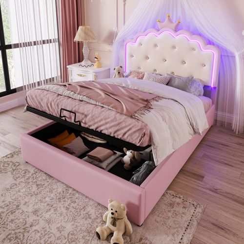 Lit Coffre 140x200 Cm Princesse Avec Rangement Hydraulique, Éclairage LED Télécommandé - Rose