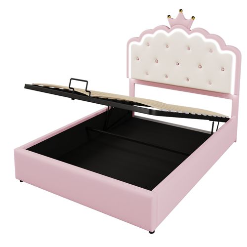 Lit Coffre 140x200 Cm Princesse Avec Rangement Hydraulique, Éclairage LED Télécommandé - Rose