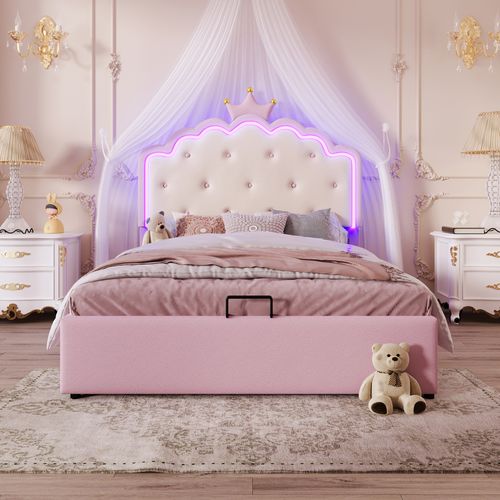 Lit Coffre 140x200 Cm Princesse Avec Rangement Hydraulique, Éclairage LED Télécommandé - Rose
