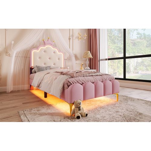 Lit Princesse 90x200 Cm Avec Lumière LED, Rangement Et Design Couronne - Rose