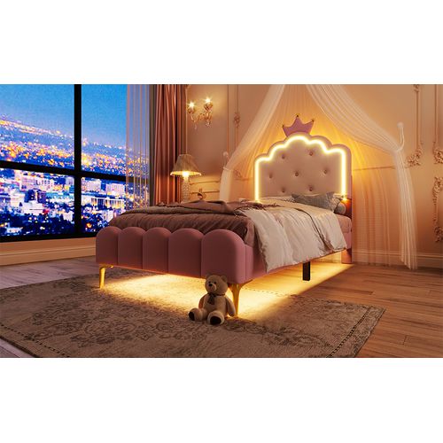 Lit Princesse 90x200 Cm Avec Lumière LED, Rangement Et Design Couronne - Rose