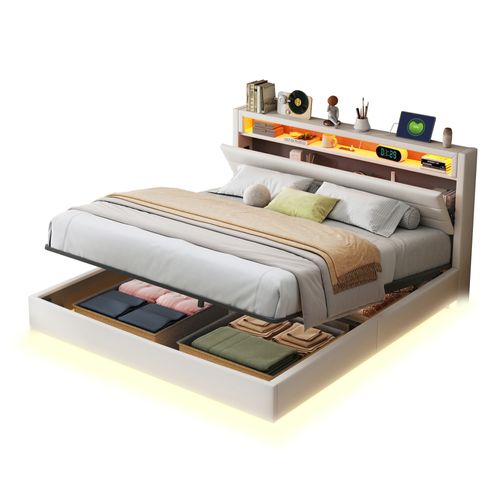 Lit 160x200 Cm En Lin Beige Avec Rangement Hydraulique, USB, LED Et Tête Pivotante