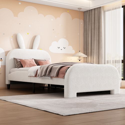 Lit Enfant 90x200 Cm En Forme De Lapin Avec Tiroirs, Rembourré, Blanc