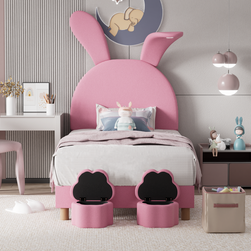 Lit Enfant 90x200 Cm Avec Coffres De Rangement, LED Intégrée, Oreilles Pliables, Tissu Velours Rose
