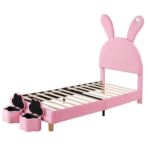 Lit Enfant 90x200 Cm Avec Coffres De Rangement, LED Intégrée, Oreilles Pliables, Tissu Velours Rose