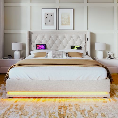 Lit Coffre 180x200 Cm Avec Rangement, Tête Rembourré USB-c, LED 3 Côtés, Tissu Coton Beige