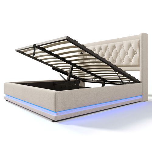 Lit Coffre 180x200 Cm Avec Rangement, Tête Rembourré USB-c, LED 3 Côtés, Tissu Coton Beige