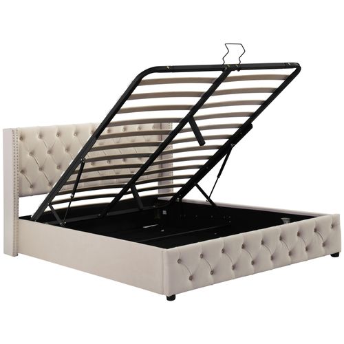 Lit Coffre 140x190 Cm Avec Rangement Hydraulique, En Velours Beige