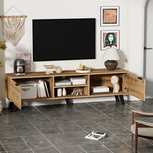 Meuble TV Moderne 160.5x35.5x45cm Avec 2 Portes Et 2 Compartiments Ouverts, Couleur Bois