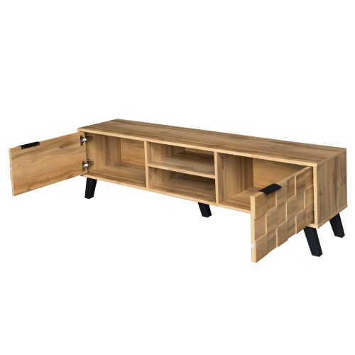 Meuble TV Moderne 160.5x35.5x45cm Avec 2 Portes Et 2 Compartiments Ouverts, Couleur Bois