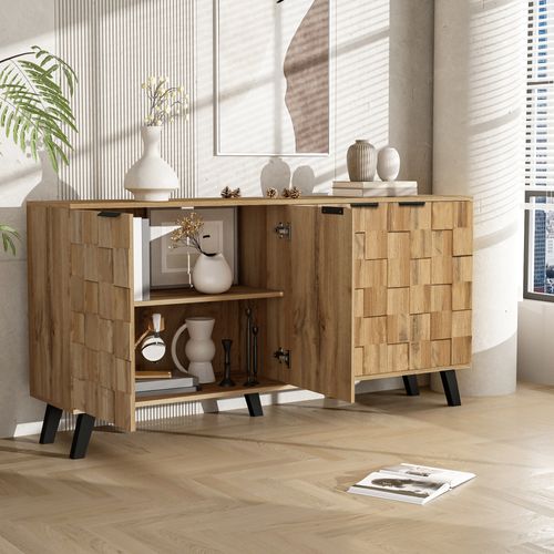Buffet Moderne 160.5x35.5x78cm, 4 Portes, Poignées Noir Mat, Couleur Bois