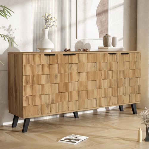Buffet Moderne 160.5x35.5x78cm, 4 Portes, Poignées Noir Mat, Couleur Bois